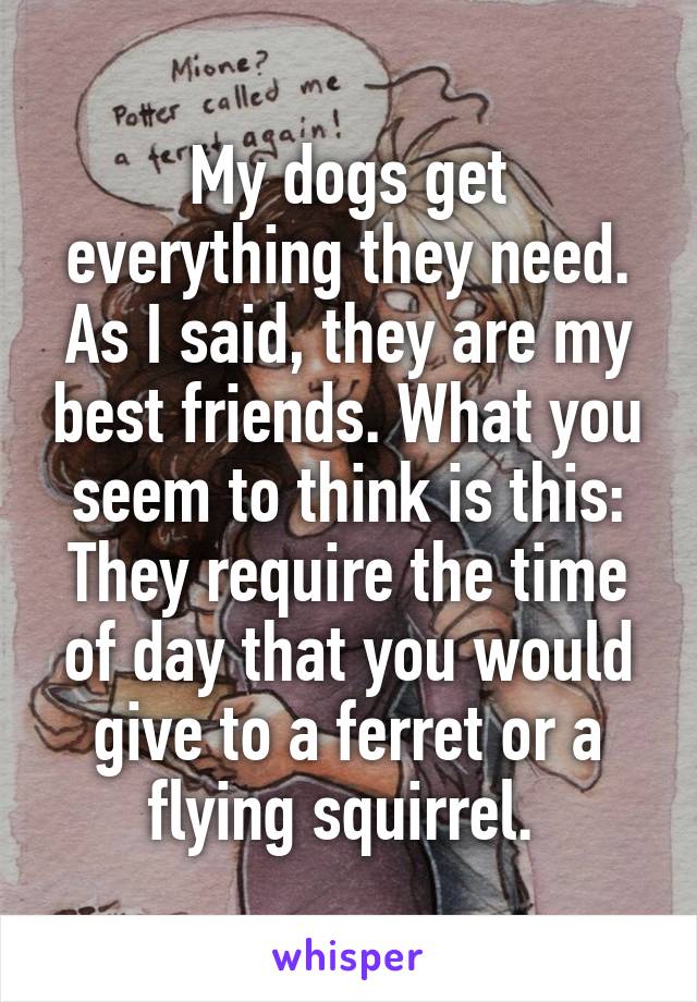 My dogs get everything they need. As I said, they are my best friends. What you seem to think is this: They require the time of day that you would give to a ferret or a flying squirrel. 