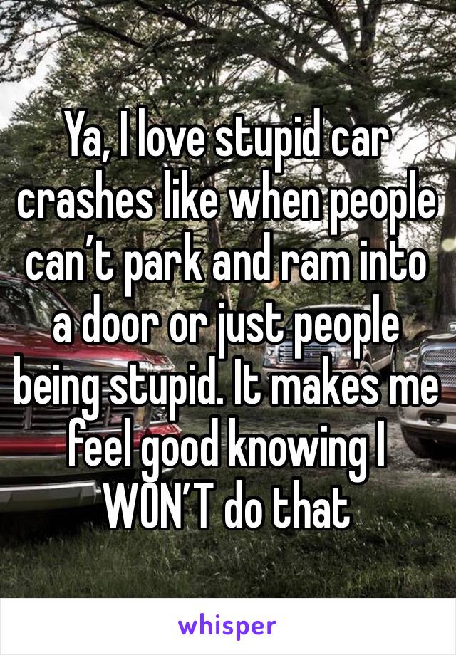 Ya, I love stupid car crashes like when people can’t park and ram into a door or just people being stupid. It makes me feel good knowing I WON’T do that