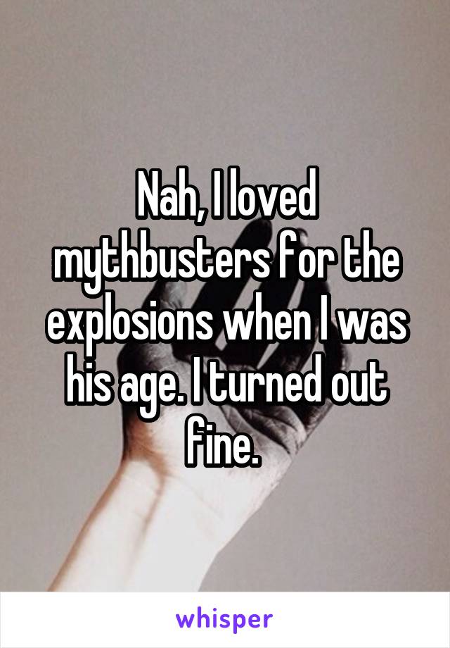 Nah, I loved mythbusters for the explosions when I was his age. I turned out fine. 