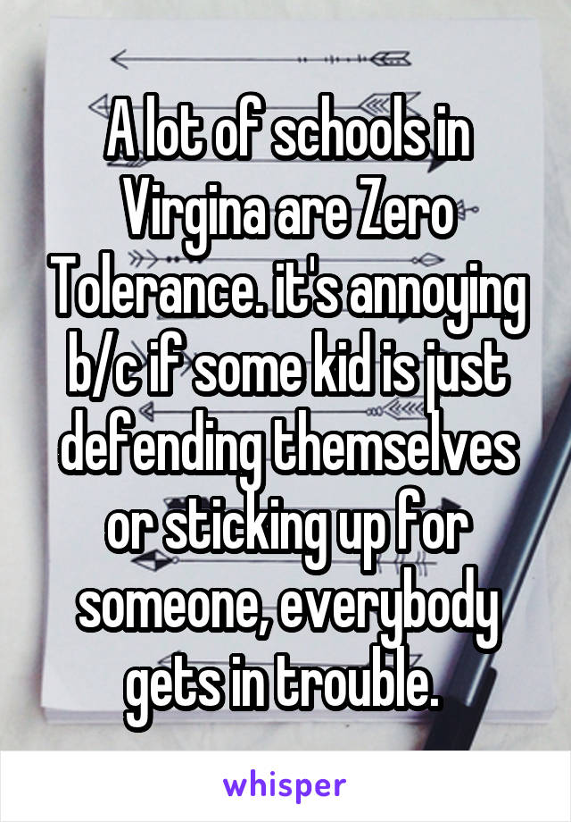 A lot of schools in Virgina are Zero Tolerance. it's annoying b/c if some kid is just defending themselves or sticking up for someone, everybody gets in trouble. 