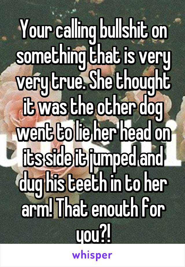 Your calling bullshit on something that is very very true. She thought it was the other dog went to lie her head on its side it jumped and dug his teeth in to her arm! That enouth for you?!