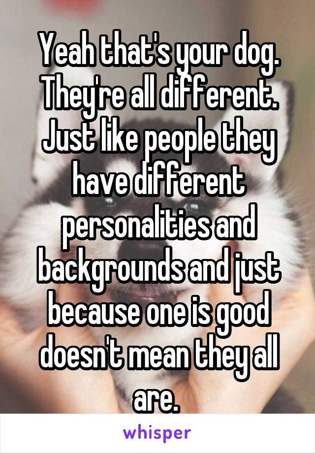 Yeah that's your dog. They're all different. Just like people they have different personalities and backgrounds and just because one is good doesn't mean they all are. 