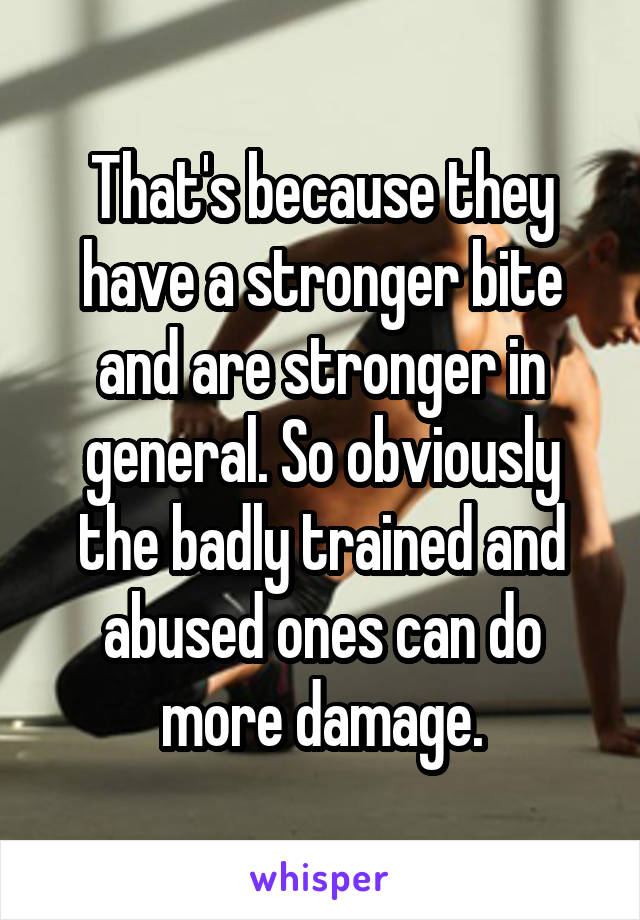That's because they have a stronger bite and are stronger in general. So obviously the badly trained and abused ones can do more damage.