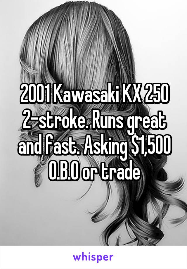 2001 Kawasaki KX 250 2-stroke. Runs great and fast. Asking $1,500 O.B.O or trade