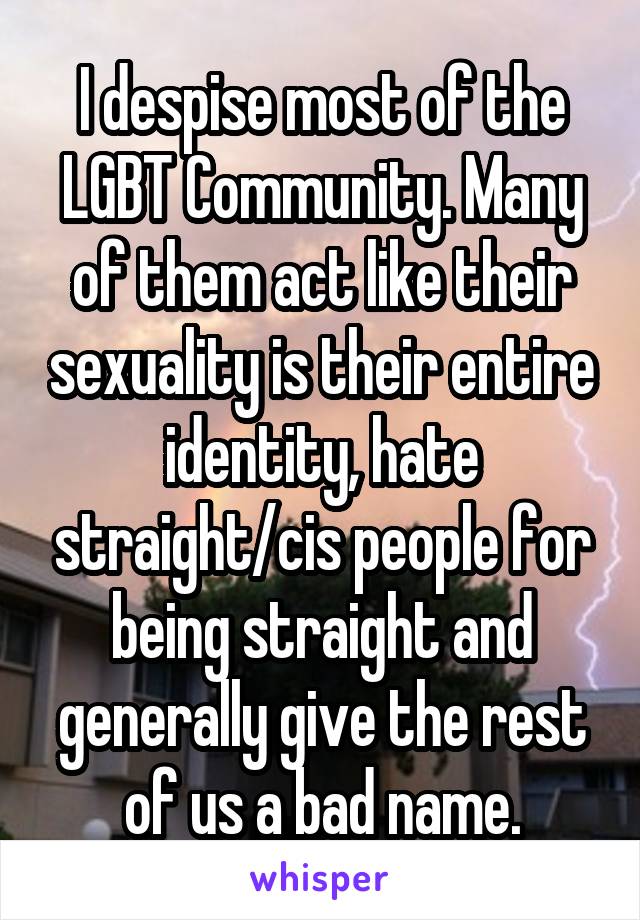 I despise most of the LGBT Community. Many of them act like their sexuality is their entire identity, hate straight/cis people for being straight and generally give the rest of us a bad name.