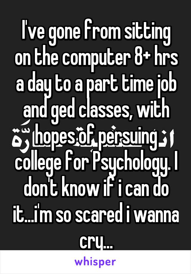 I've gone from sitting on the computer 8+ hrs a day to a part time job and ged classes, with hopes of persuing college for Psychology. I don't know if i can do it...i'm so scared i wanna cry...