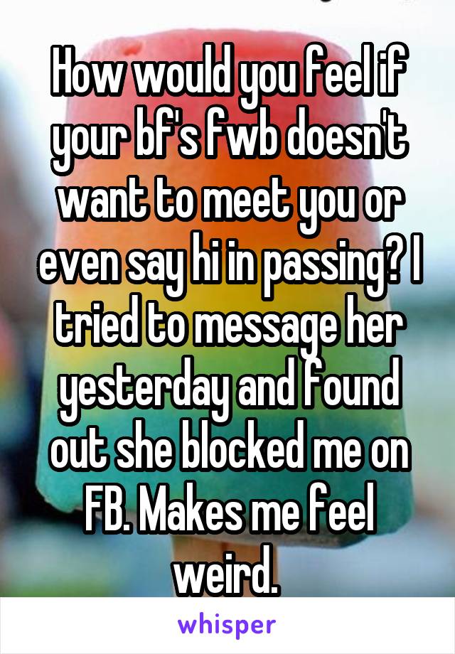 How would you feel if your bf's fwb doesn't want to meet you or even say hi in passing? I tried to message her yesterday and found out she blocked me on FB. Makes me feel weird. 