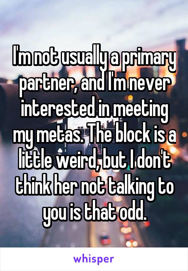 I'm not usually a primary partner, and I'm never interested in meeting my metas. The block is a little weird, but I don't think her not talking to you is that odd.