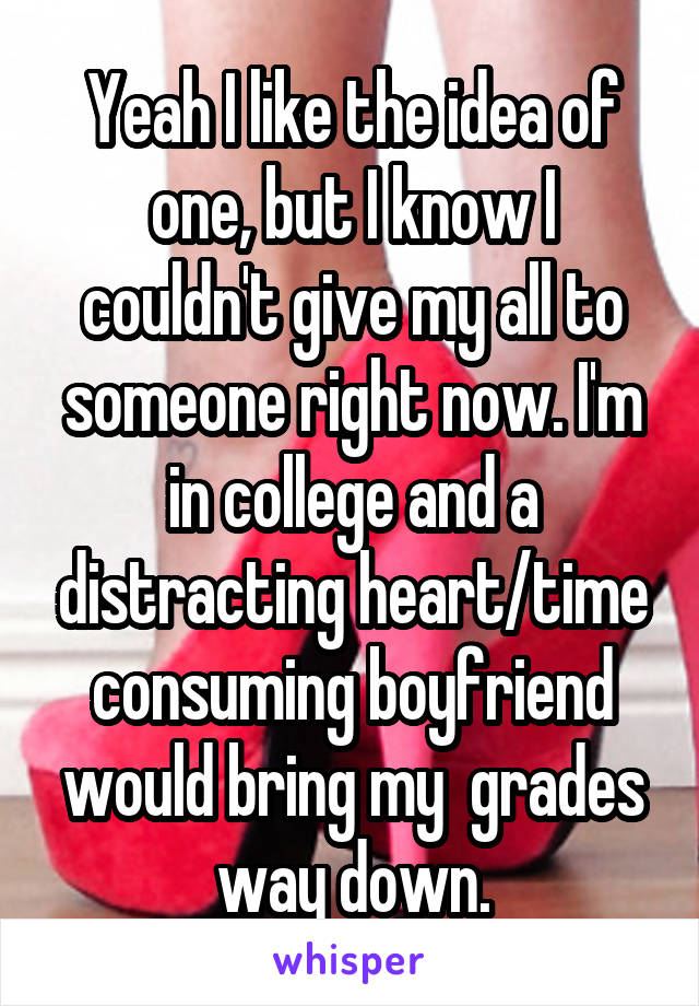 Yeah I like the idea of one, but I know I couldn't give my all to someone right now. I'm in college and a distracting heart/time consuming boyfriend would bring my  grades way down.