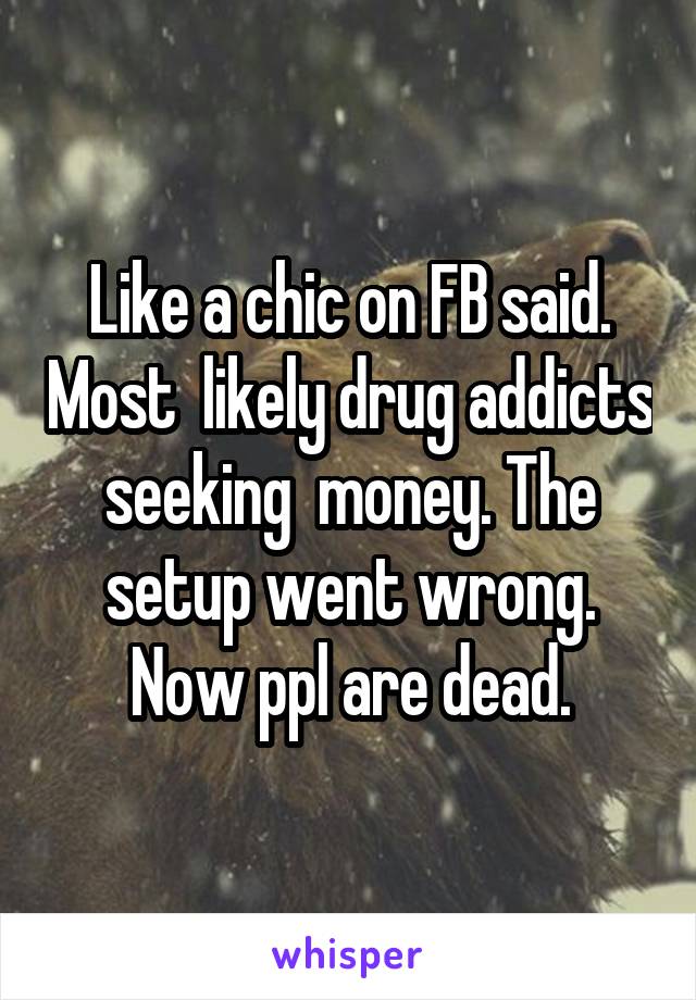 Like a chic on FB said. Most  likely drug addicts seeking  money. The setup went wrong. Now ppl are dead.