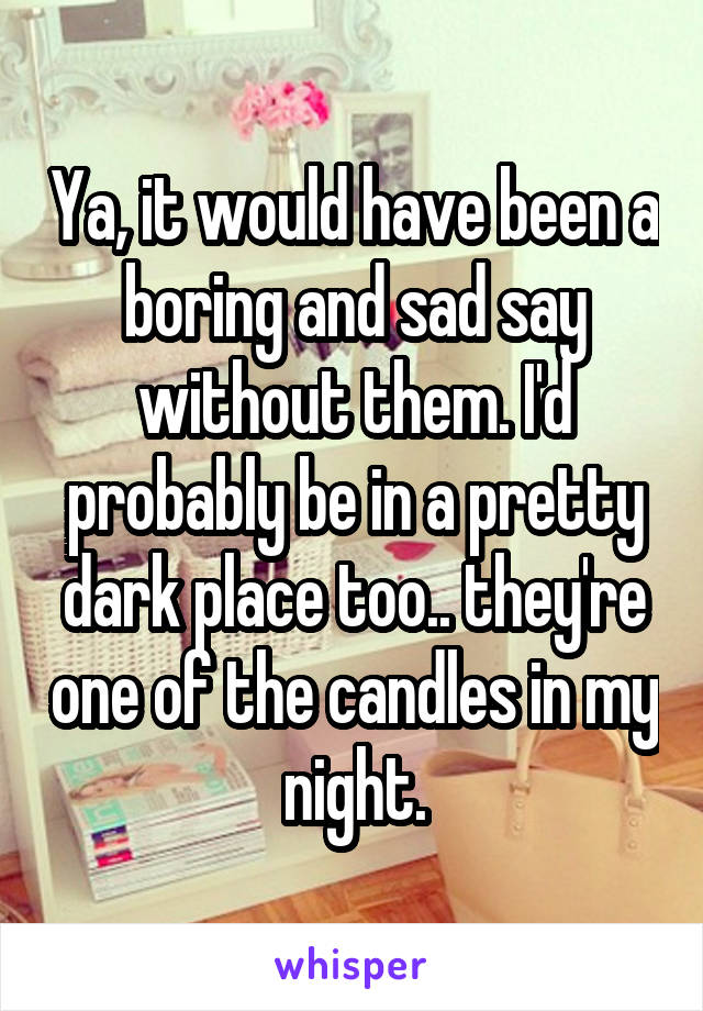 Ya, it would have been a boring and sad say without them. I'd probably be in a pretty dark place too.. they're one of the candles in my night.