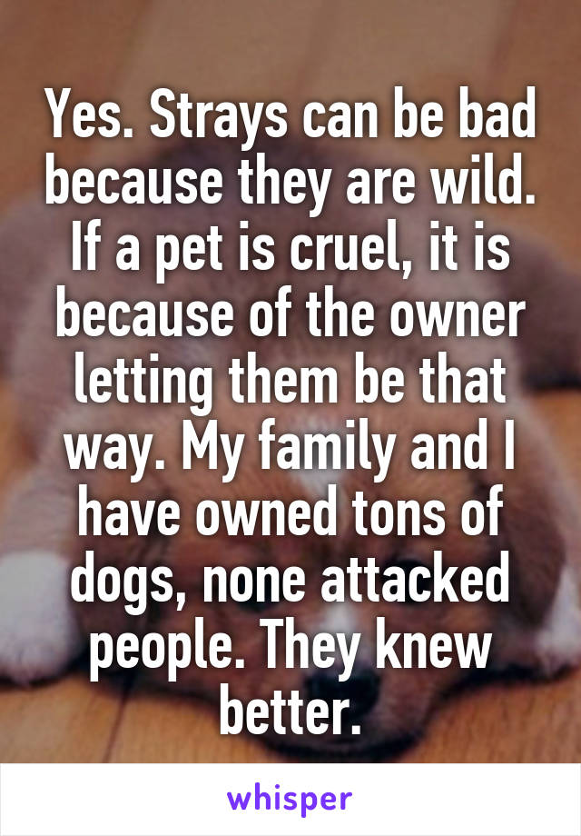 Yes. Strays can be bad because they are wild. If a pet is cruel, it is because of the owner letting them be that way. My family and I have owned tons of dogs, none attacked people. They knew better.