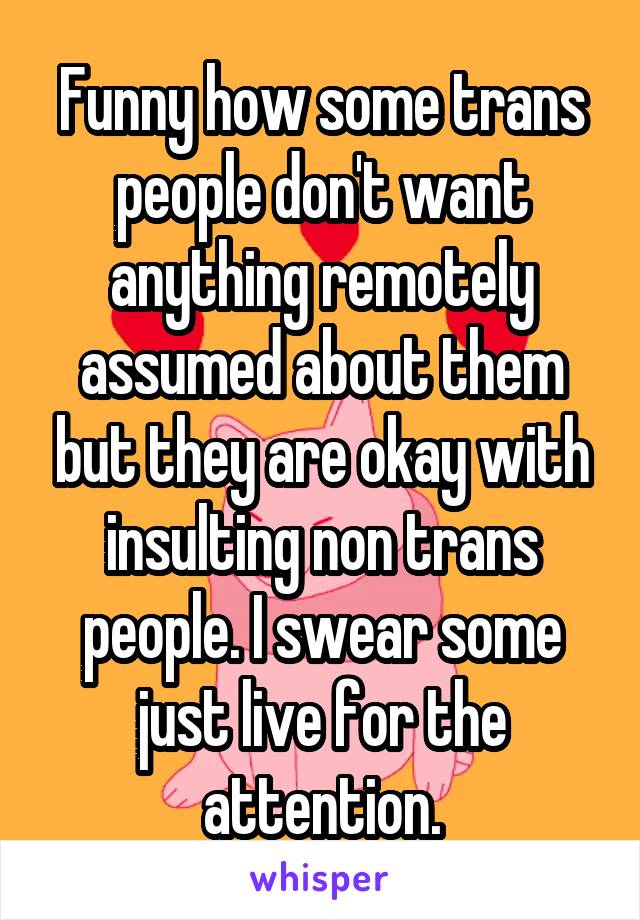 Funny how some trans people don't want anything remotely assumed about them but they are okay with insulting non trans people. I swear some just live for the attention.