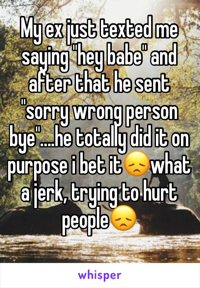 My ex just texted me saying "hey babe" and after that he sent "sorry wrong person bye"....he totally did it on purpose i bet it😞what a jerk, trying to hurt people😞