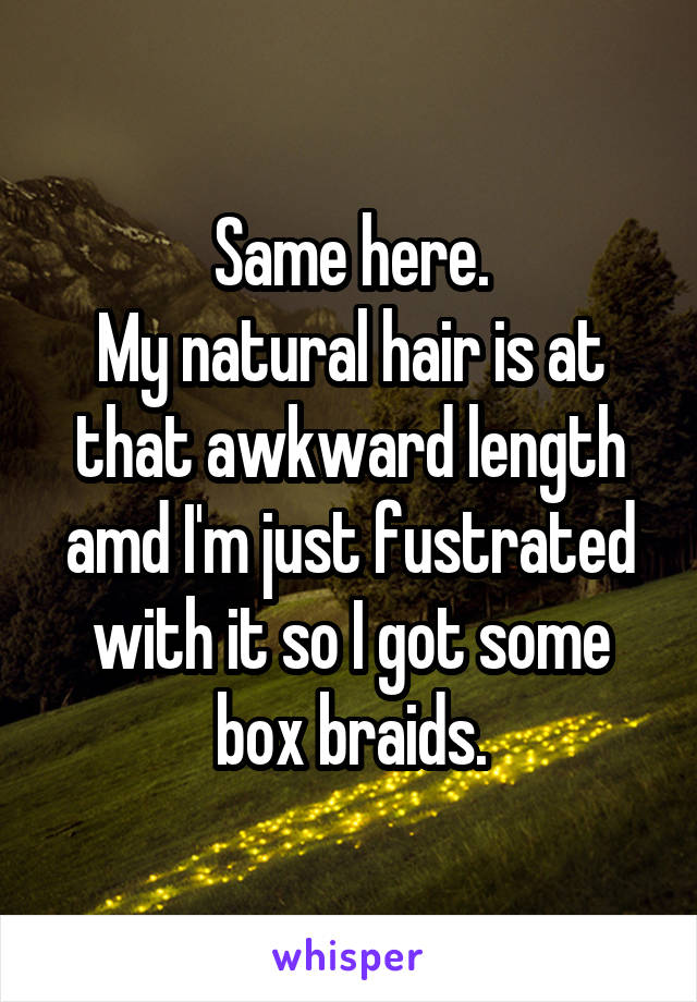 Same here.
My natural hair is at that awkward length amd I'm just fustrated with it so I got some box braids.