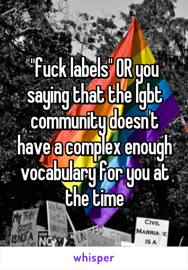 "fuck labels" OR you saying that the lgbt community doesn't have a complex enough vocabulary for you at the time