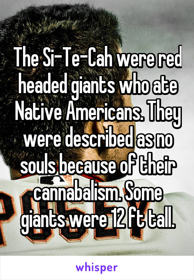 The Si-Te-Cah were red headed giants who ate Native Americans. They were described as no souls because of their cannabalism. Some giants were 12 ft tall.