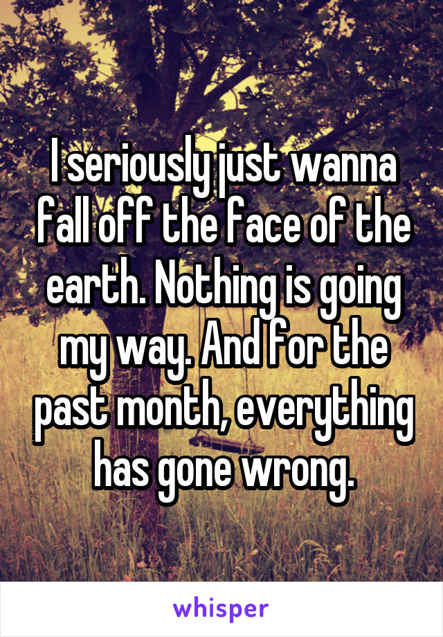 I seriously just wanna fall off the face of the earth. Nothing is going my way. And for the past month, everything has gone wrong.