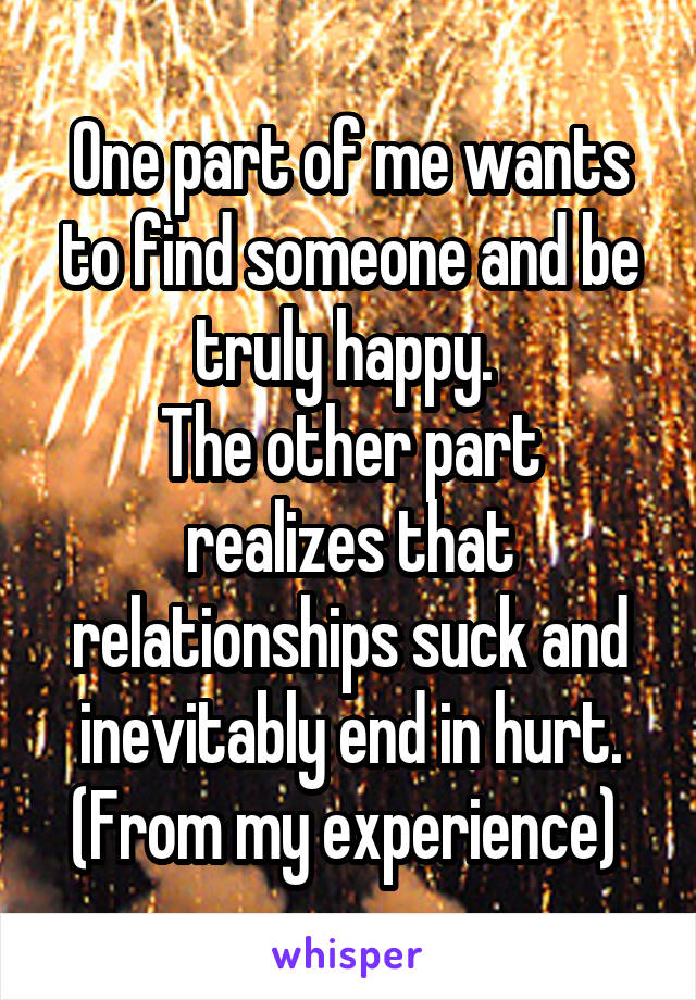 One part of me wants to find someone and be truly happy. 
The other part realizes that relationships suck and inevitably end in hurt. (From my experience) 