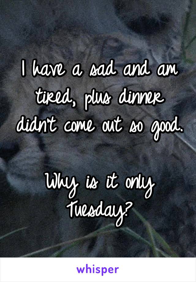 I have a sad and am tired, plus dinner didn't come out so good.

Why is it only Tuesday?