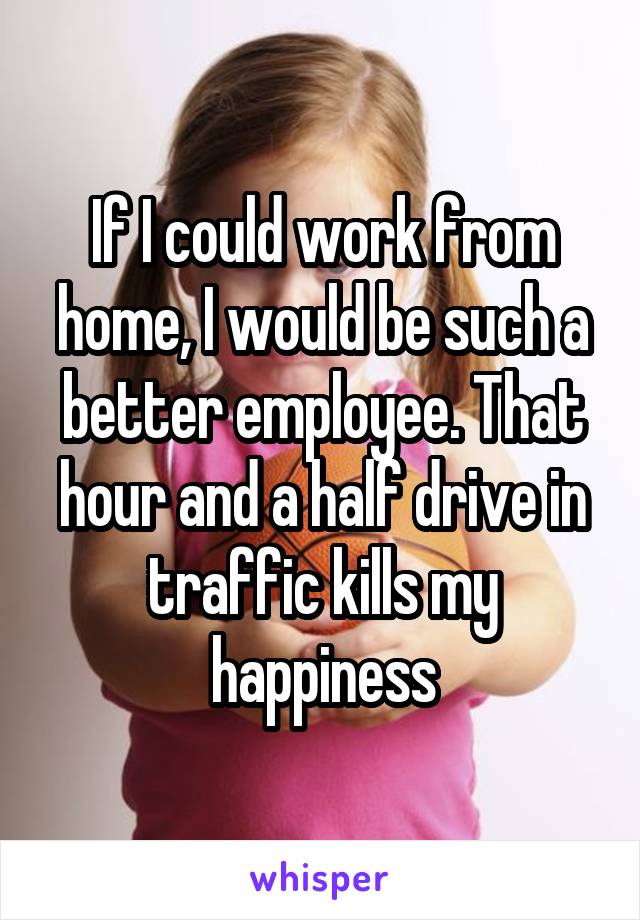 If I could work from home, I would be such a better employee. That hour and a half drive in traffic kills my happiness