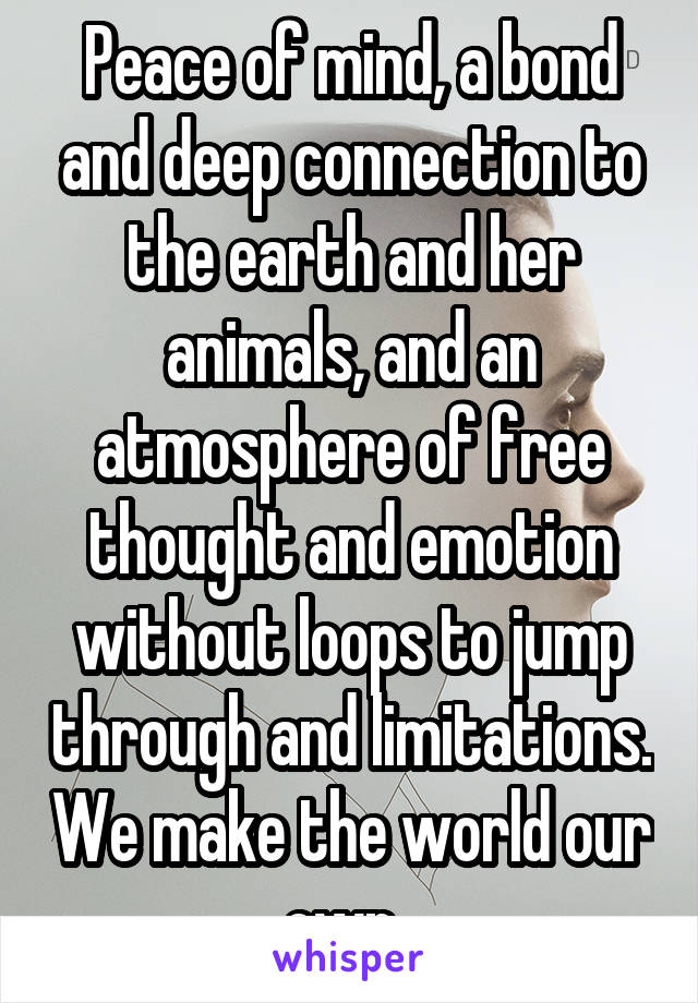 Peace of mind, a bond and deep connection to the earth and her animals, and an atmosphere of free thought and emotion without loops to jump through and limitations. We make the world our own. 