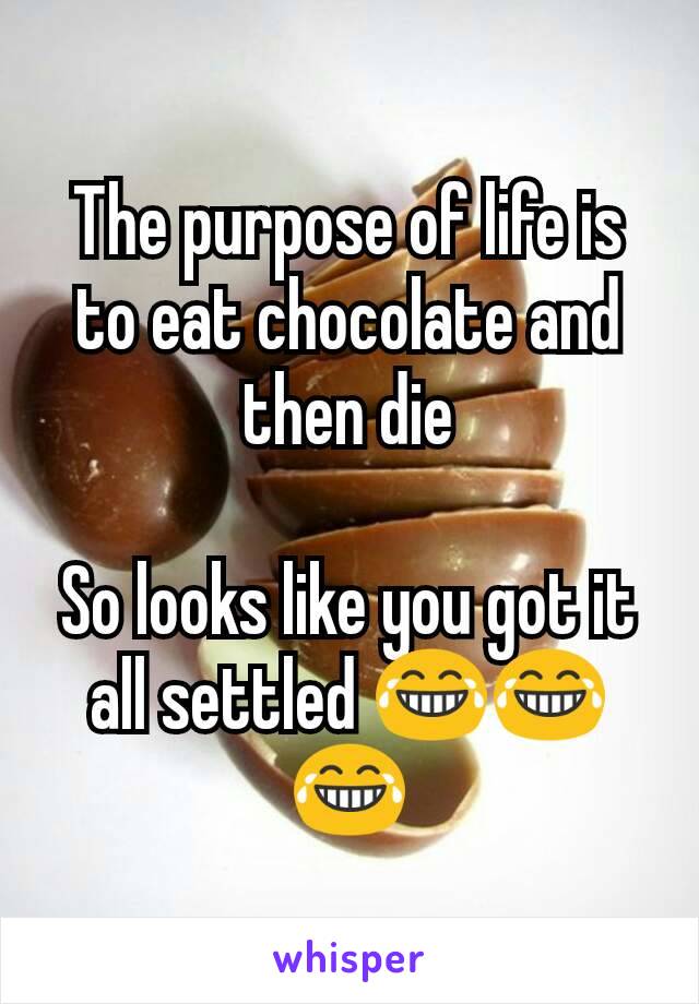 The purpose of life is to eat chocolate and then die

So looks like you got it all settled 😂😂😂