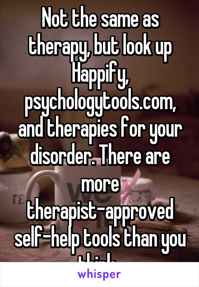Not the same as therapy, but look up Happify, psychologytools.com, and therapies for your disorder. There are more therapist-approved self-help tools than you think. 