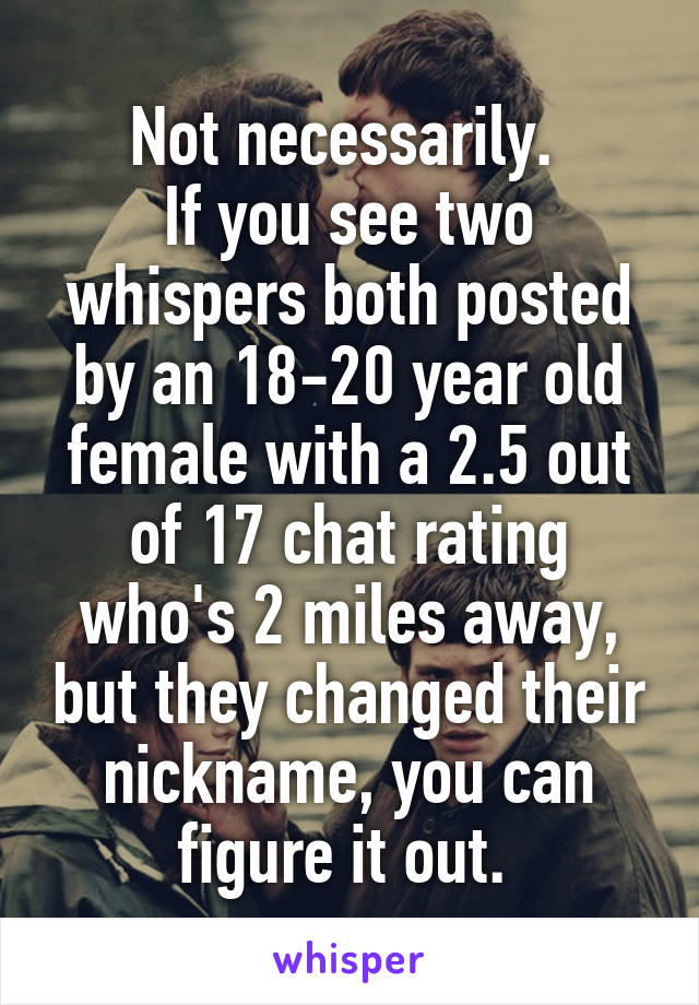 Not necessarily. 
If you see two whispers both posted by an 18-20 year old female with a 2.5 out of 17 chat rating who's 2 miles away, but they changed their nickname, you can figure it out. 