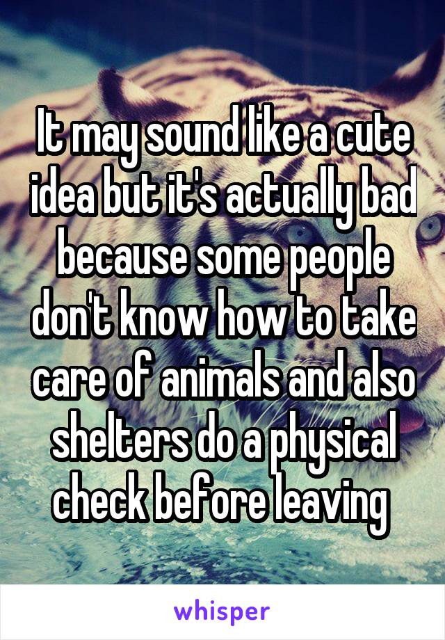 It may sound like a cute idea but it's actually bad because some people don't know how to take care of animals and also shelters do a physical check before leaving 