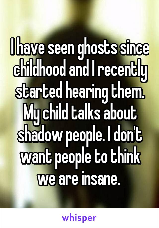 I have seen ghosts since childhood and I recently started hearing them. My child talks about shadow people. I don't want people to think we are insane. 