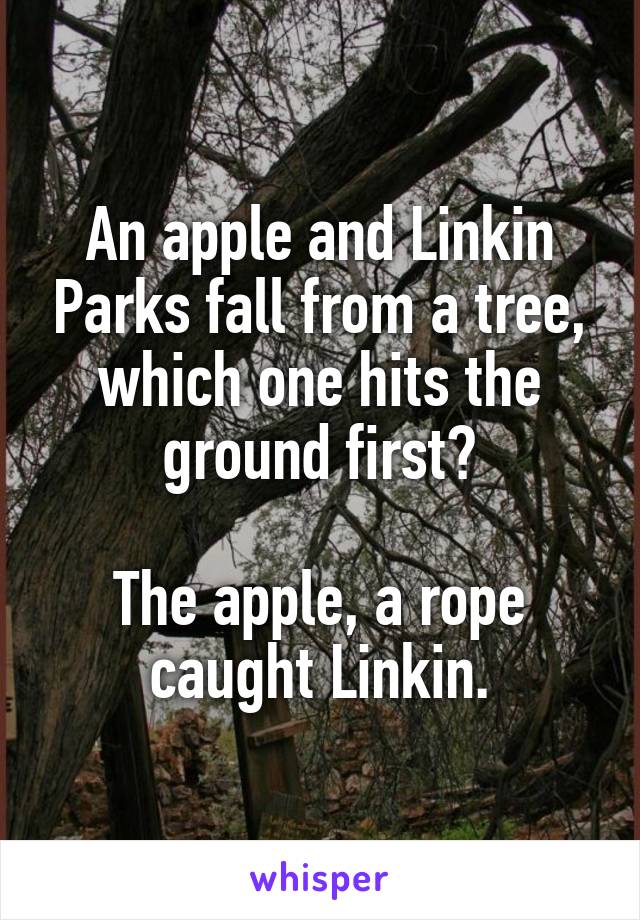 An apple and Linkin Parks fall from a tree, which one hits the ground first?

The apple, a rope caught Linkin.