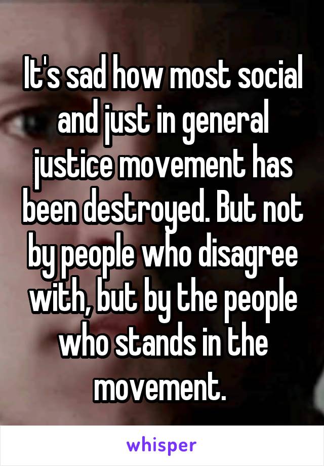 It's sad how most social and just in general justice movement has been destroyed. But not by people who disagree with, but by the people who stands in the movement. 