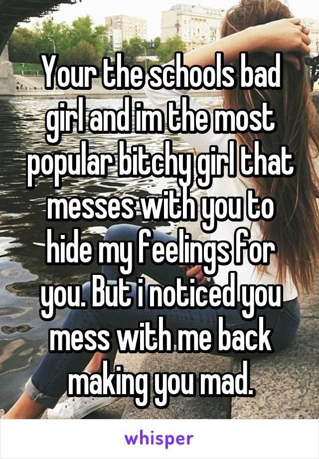 Your the schools bad girl and im the most popular bitchy girl that messes with you to hide my feelings for you. But i noticed you mess with me back making you mad.