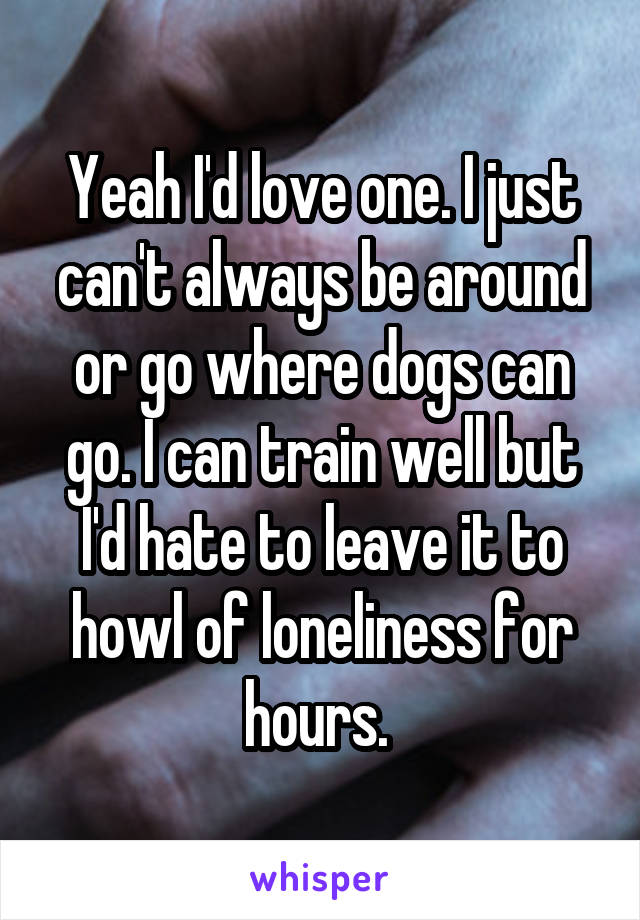 Yeah I'd love one. I just can't always be around or go where dogs can go. I can train well but I'd hate to leave it to howl of loneliness for hours. 