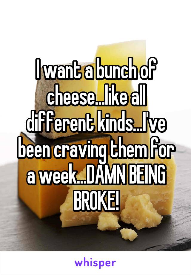 I want a bunch of cheese...like all different kinds...I've been craving them for a week...DAMN BEING BROKE!
