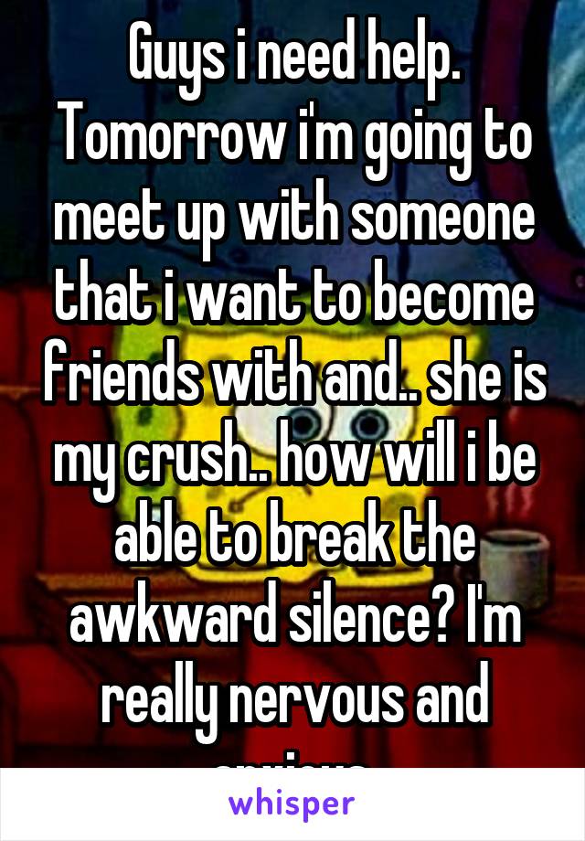 Guys i need help. Tomorrow i'm going to meet up with someone that i want to become friends with and.. she is my crush.. how will i be able to break the awkward silence? I'm really nervous and anxious.
