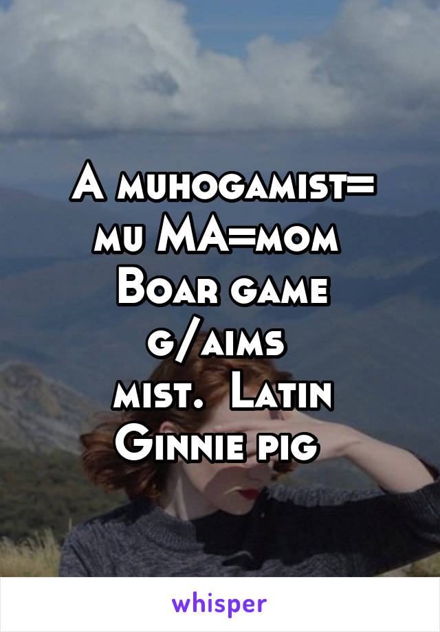 A muhogamist=
mu MA=mom 
Boar game g/aims 
mist.  Latin Ginnie pig 