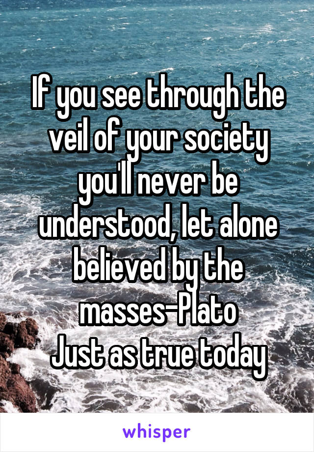 If you see through the veil of your society you'll never be understood, let alone believed by the masses-Plato
Just as true today