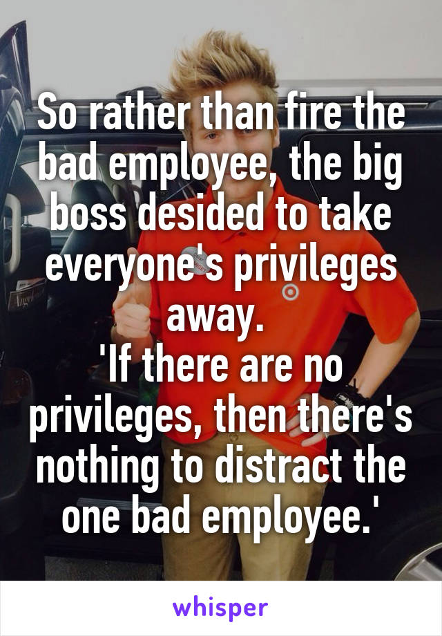 So rather than fire the bad employee, the big boss desided to take everyone's privileges away. 
'If there are no privileges, then there's nothing to distract the one bad employee.'