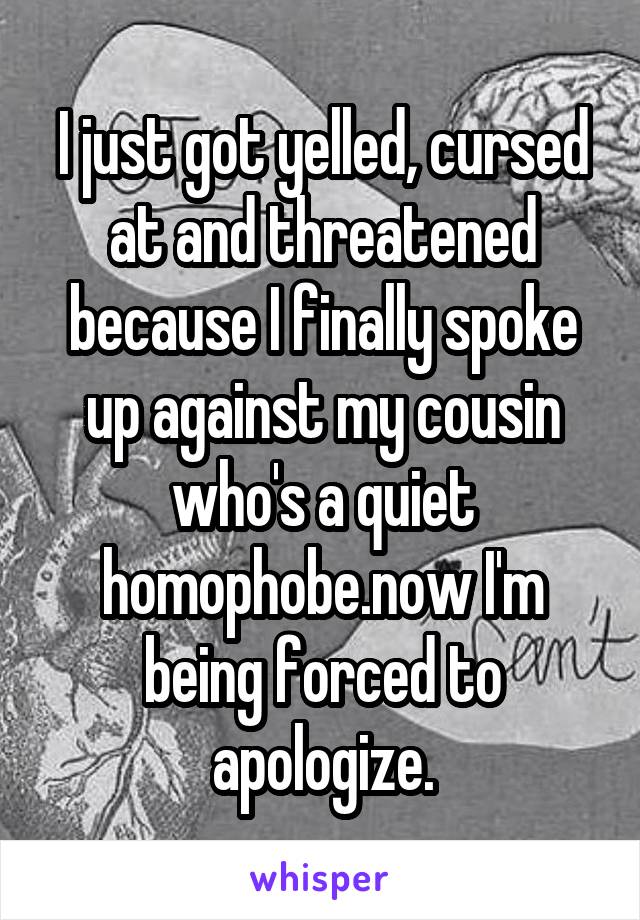 I just got yelled, cursed at and threatened because I finally spoke up against my cousin who's a quiet homophobe.now I'm being forced to apologize.