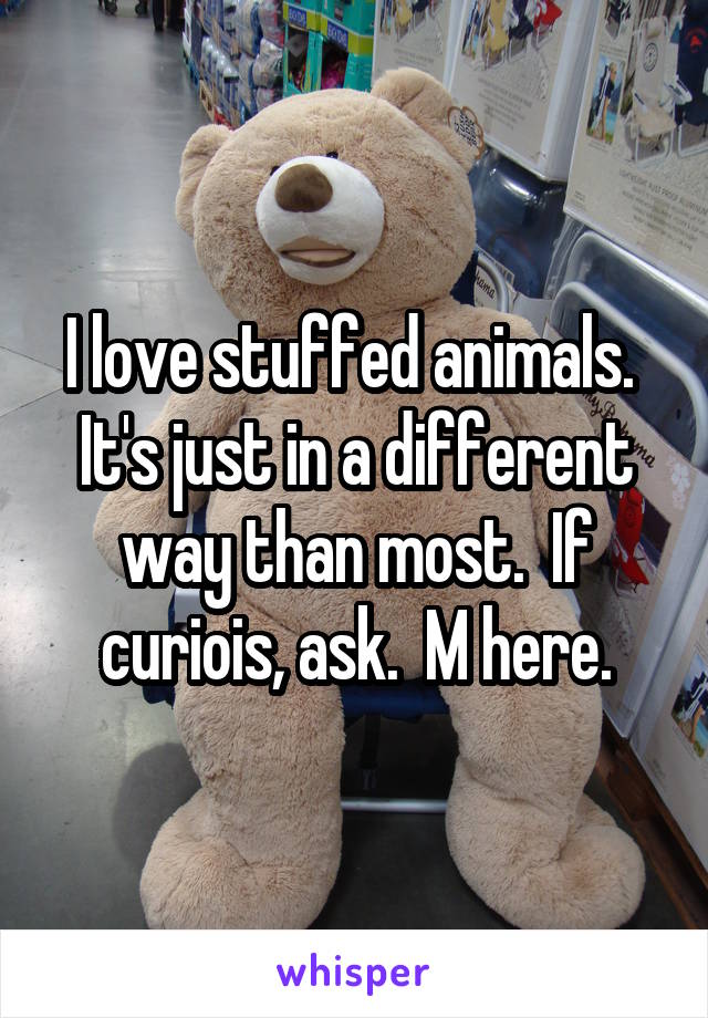 I love stuffed animals.  It's just in a different way than most.  If curiois, ask.  M here.