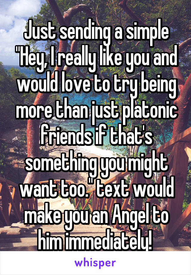 Just sending a simple "Hey, I really like you and would love to try being more than just platonic friends if that's something you might want too." text would make you an Angel to him immediately! 