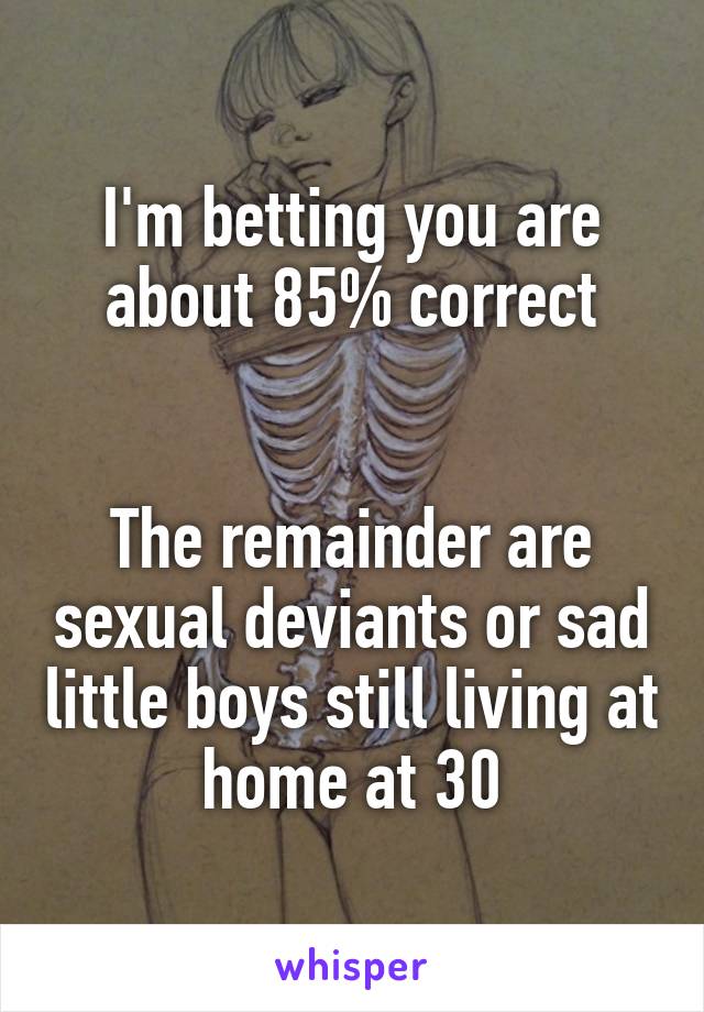 I'm betting you are about 85% correct


The remainder are sexual deviants or sad little boys still living at home at 30