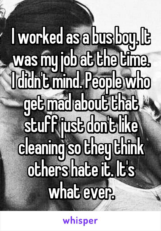 I worked as a bus boy. It was my job at the time. I didn't mind. People who get mad about that stuff just don't like cleaning so they think others hate it. It's what ever.