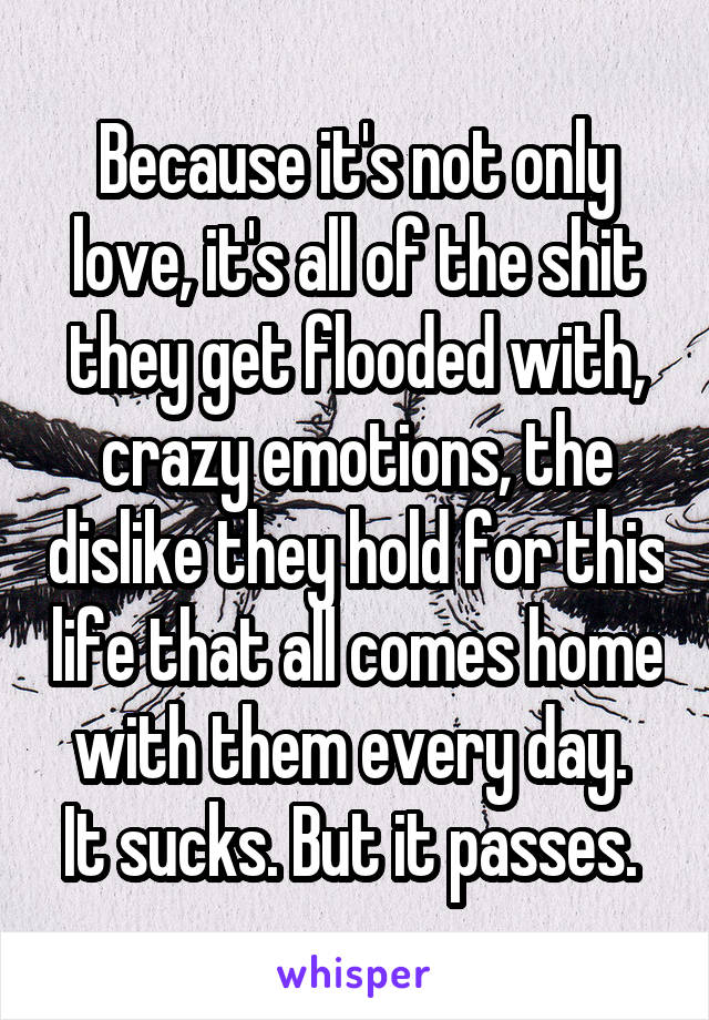 Because it's not only love, it's all of the shit they get flooded with, crazy emotions, the dislike they hold for this life that all comes home with them every day.  It sucks. But it passes. 