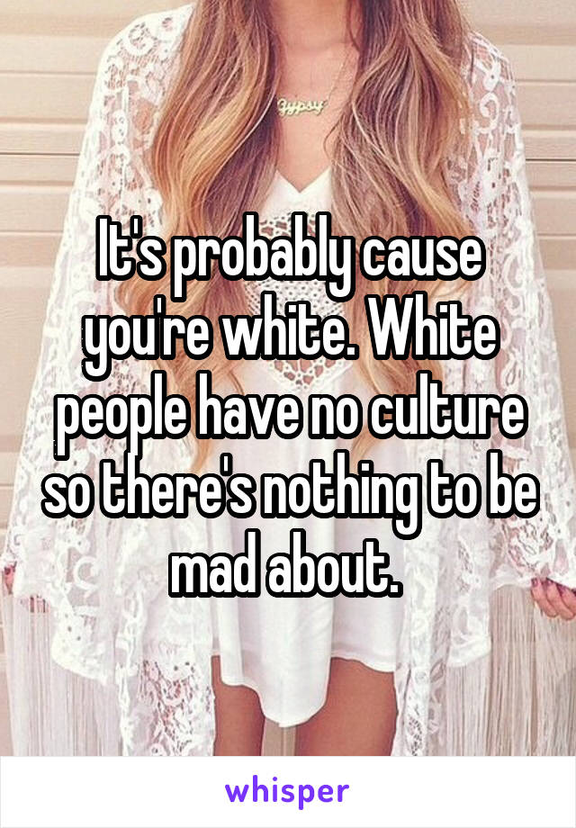 It's probably cause you're white. White people have no culture so there's nothing to be mad about. 