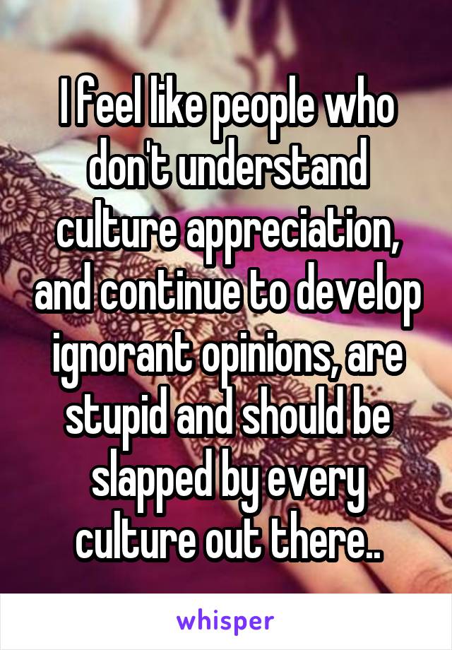 I feel like people who don't understand culture appreciation, and continue to develop ignorant opinions, are stupid and should be slapped by every culture out there..