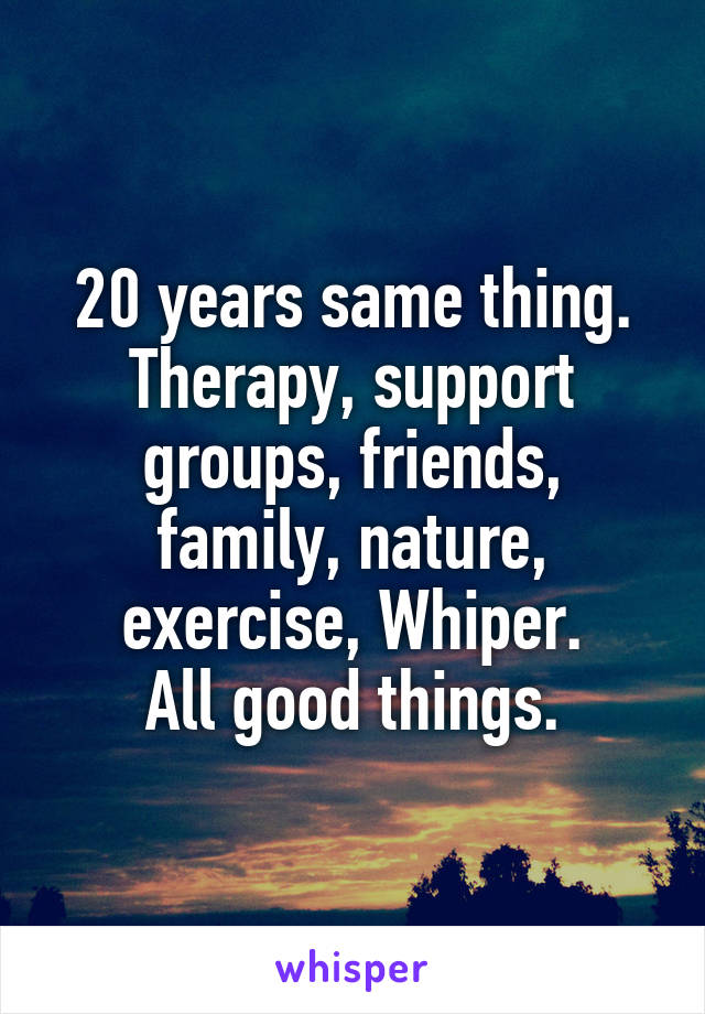 20 years same thing.
Therapy, support groups, friends, family, nature, exercise, Whiper.
All good things.