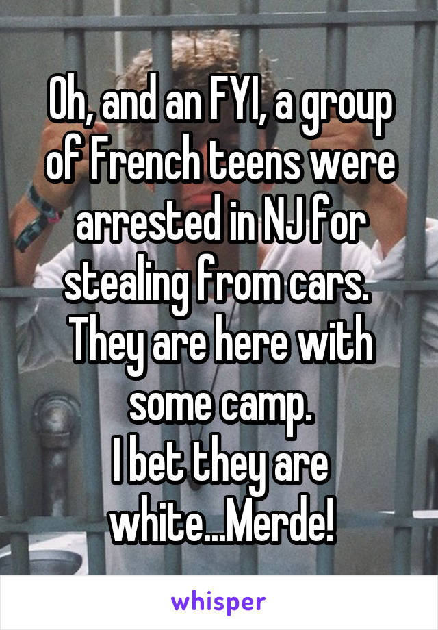 Oh, and an FYI, a group of French teens were arrested in NJ for stealing from cars.  They are here with some camp.
I bet they are white...Merde!